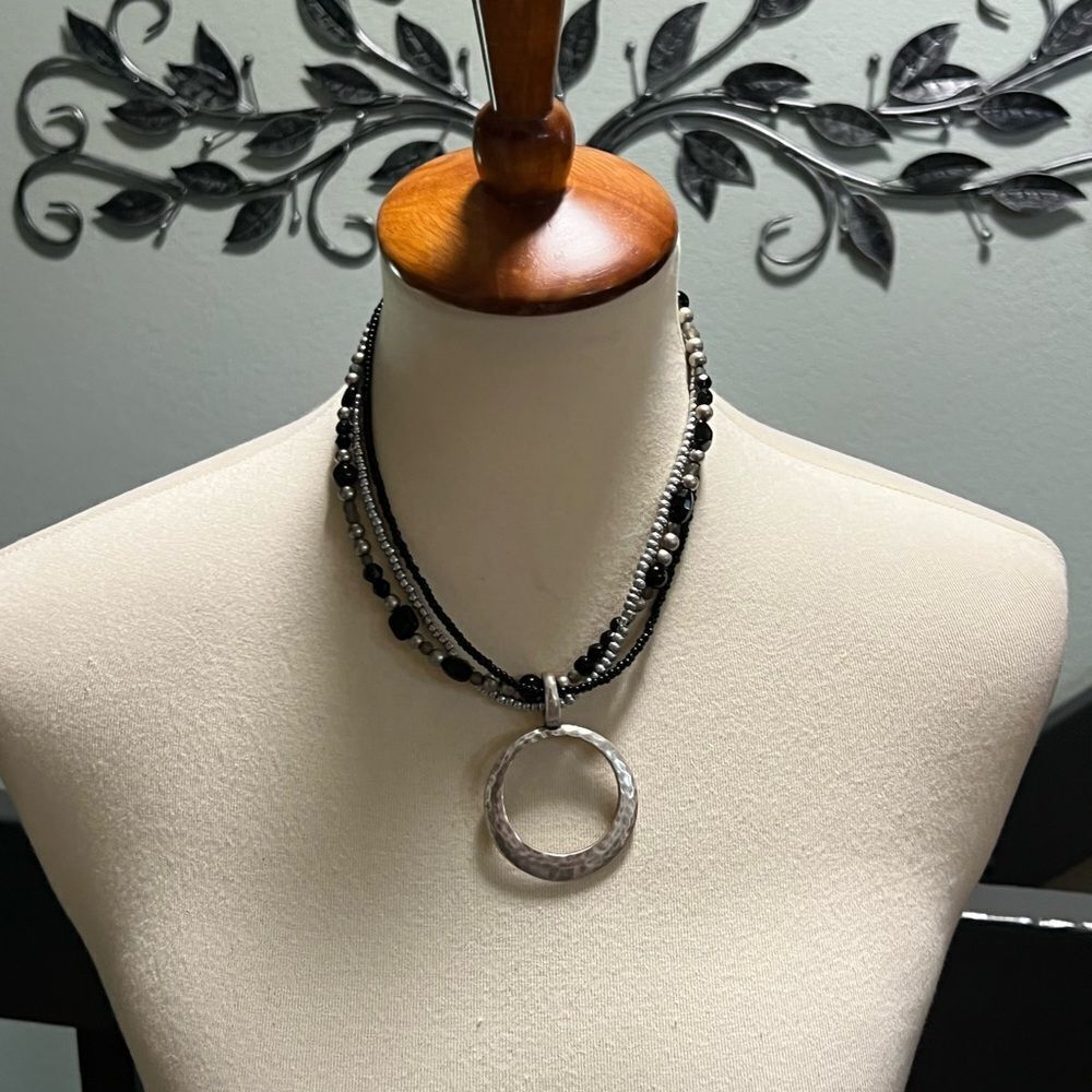 Premier Designs “Night Life” Black & Silver Necklace Removable Ring Pendant #2
